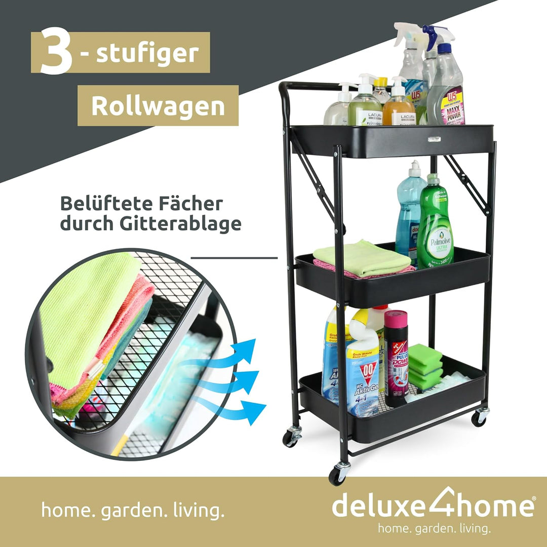 deluxe4home® Servierwagen mit 3 Ebenen Klappbar I Servierwagen Küchenwagen mit Griff I Rollen mit Br