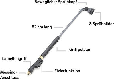 REHAU Giessstab Premium, Gartenbrause mit 8 Wasserstrahlformen, beweglicher Sprühkopf, ergonomischer