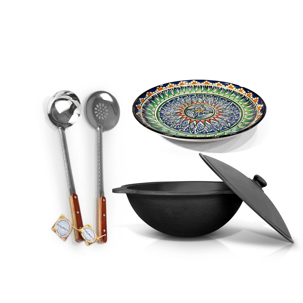 Set - Usbekischer Gusseisen Kasan 10 L runder Boden, Deckel aus Aluminiumguss Schaumlöffel 48 cm Sch