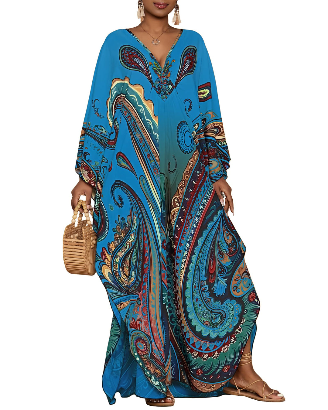 Bsubseach Damen Strandkleid Ethnic Print Kaftan Beach Maxi Kleider A-Blau-3, A-Blau-3