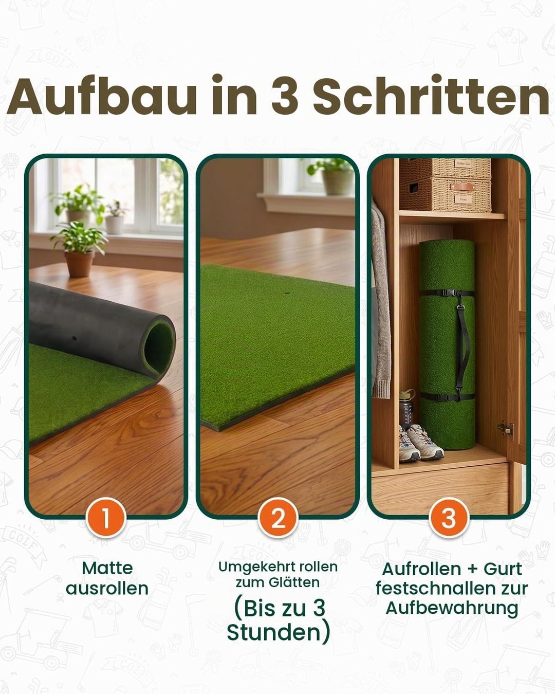Golf-Schlagmatte für Indoor und Outdoor, Golf-Trainingsmatte mit Tragegurt, 10 PU-Golfbällen und 9 T