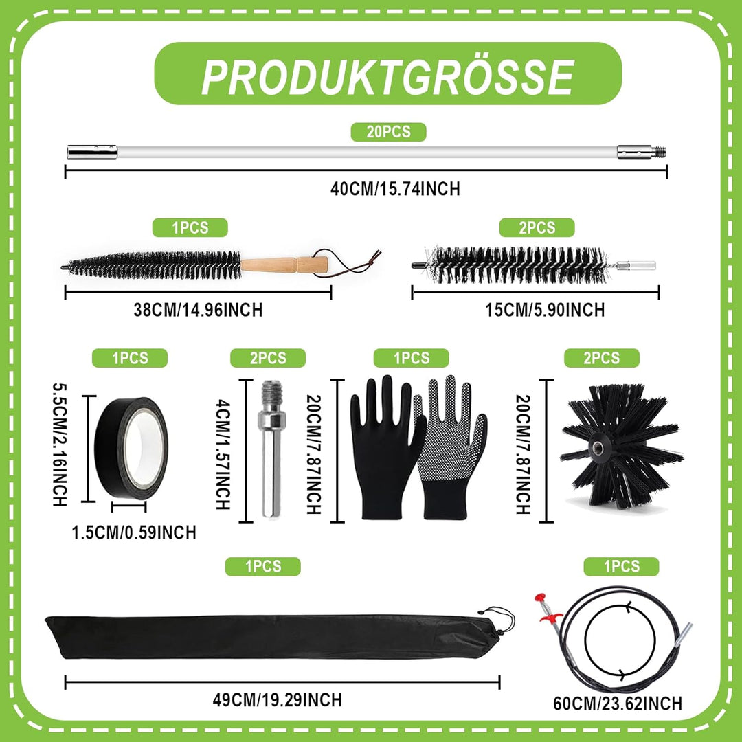 31 Kaminbürsten Set Premium (150mm Bürstenkopf) - 20x Flexible Stangen Inkl. 2 Bürsten, Trocknerbürs