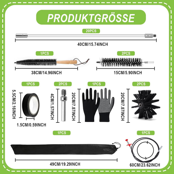 31 Kaminbürsten Set Premium (150mm Bürstenkopf) - 20x Flexible Stangen Inkl. 2 Bürsten, Trocknerbürs