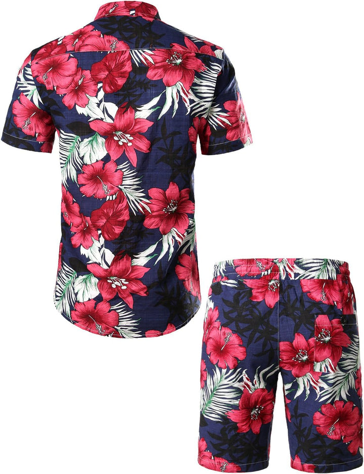 JOGAL Herren Casual Floral Blumenmuster Kurzarm Hawaiihemd Marine M, Marine M