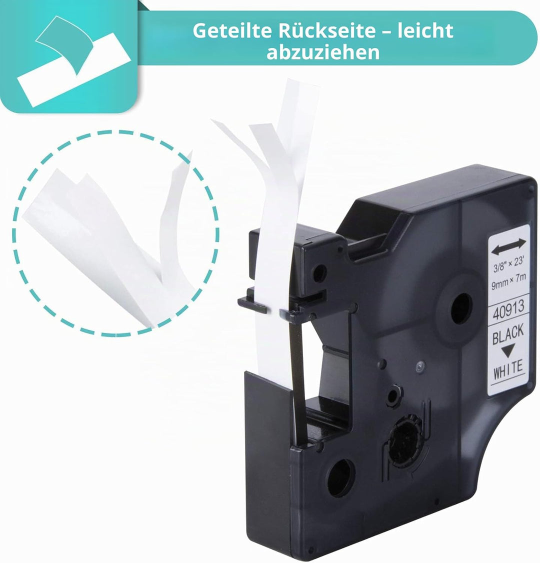 8x Hehua 40913 Etikettenband Ersatz für Dymo D1 9mm x 7m Schwarz auf Weiss | 40913s S0720680 Bänder