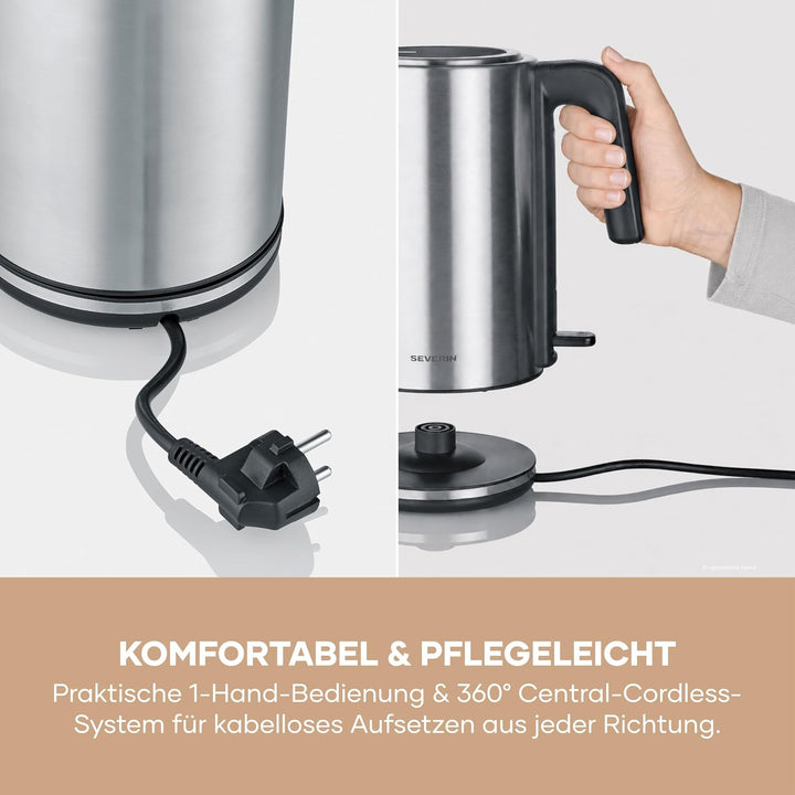 Severin Wasserkocher, Edelstahl, 1,7L, mit herausnehmbarem Kalkfilter, Leuchtanzeige, 360°-Basis, au