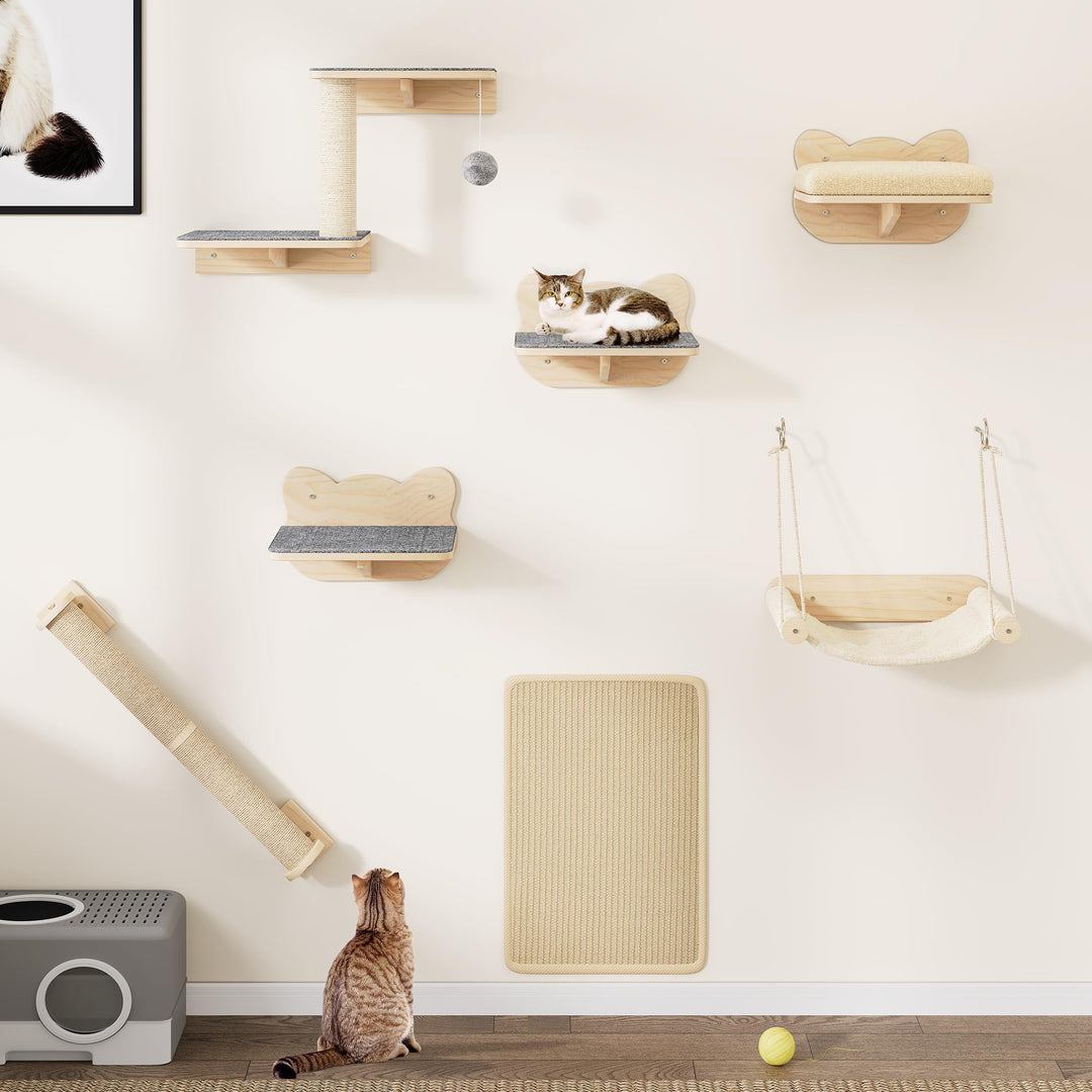 YITAHOME Katzenkletterwand-Set, Stabiler Holz Katzenmöbel, 7-Teilig Katzen Wandelemente mit Katzentr