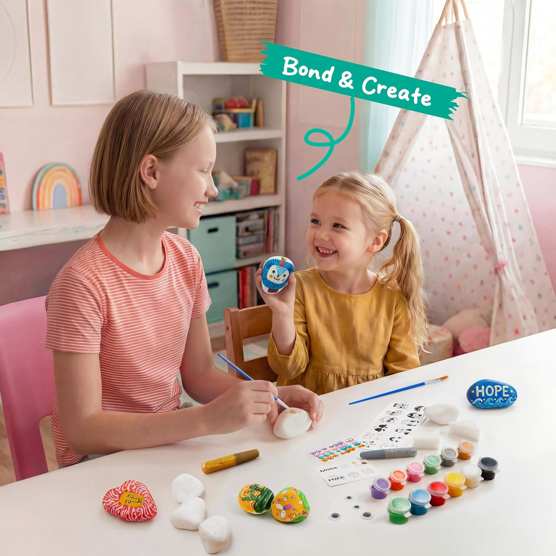 JOYIN 10 Stück Steine Bemalen Set für Kinder mit 18 Farben (Standard Metallicfarben,Aufkleber, Glitz