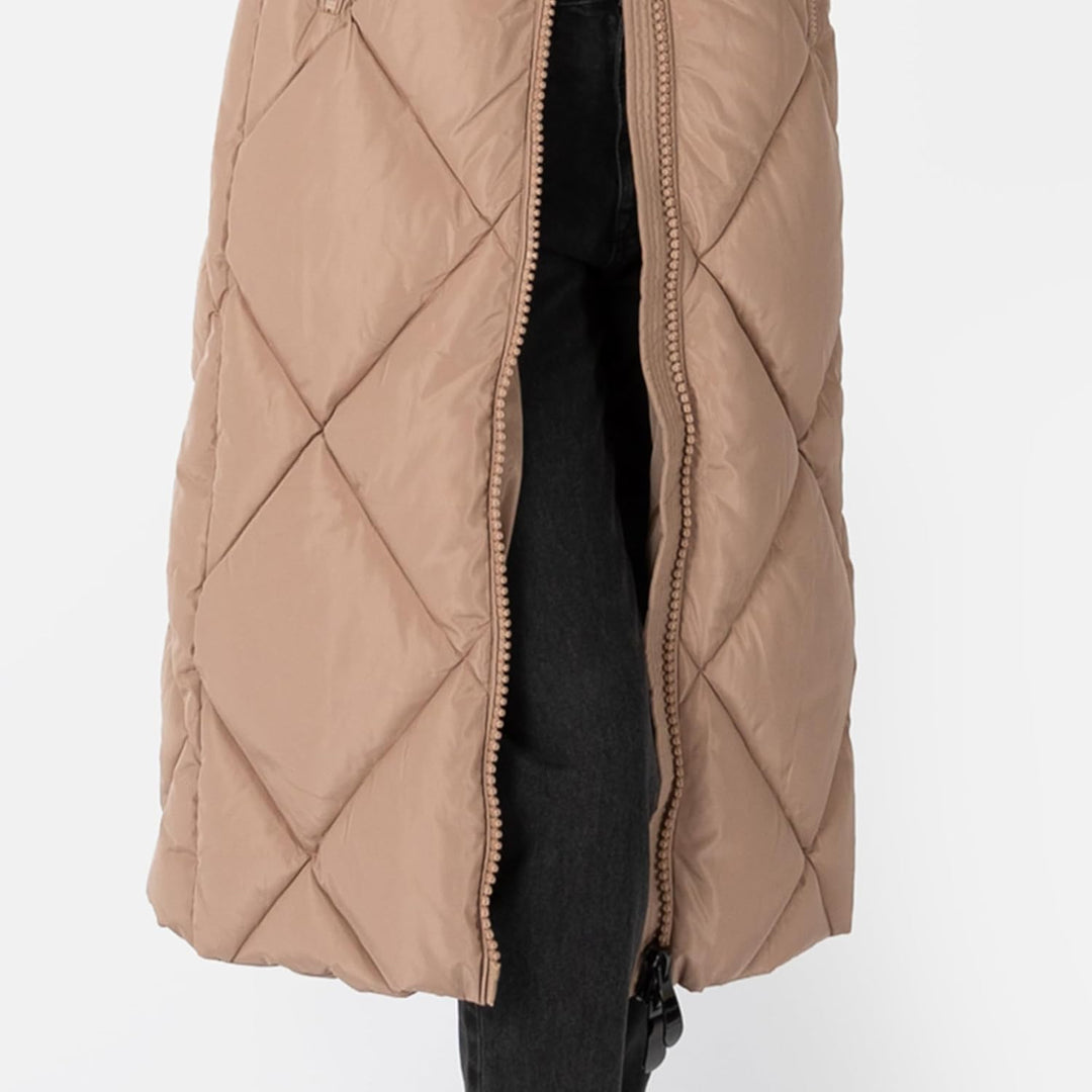 Women's Winter Jacket Ladies Coat Puffer Removable Faux Fur Hood Pockets Quilted Padded Longline Puf