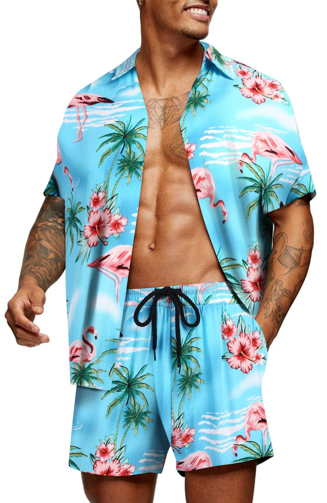 COOFANDY Herren Kurzarm Hemd Blumen Hawaiihemd und Shorts Set Floral Party Outfit Männer Button Down