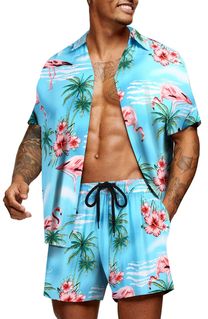 COOFANDY Herren Kurzarm Hemd Blumen Hawaiihemd und Shorts Set Floral Party Outfit Männer Button Down