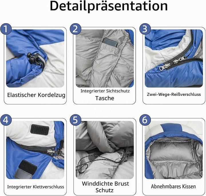 Ultraleicht Daunenschlafsack mit Kissen, Kleiner Leichter Sommer Schlafsack 680FP für Erwachsene und