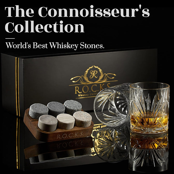 Whiskey Steine Set - 6 Handgefertigte Runde Granit Whisky Steine - 2 Whisky Gläser - Präsentations-