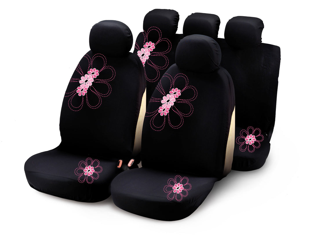 Bottari 29016 Sitzbezüge My Spring Flower mit Pinken Blumen, 9 Teile, Schwarz