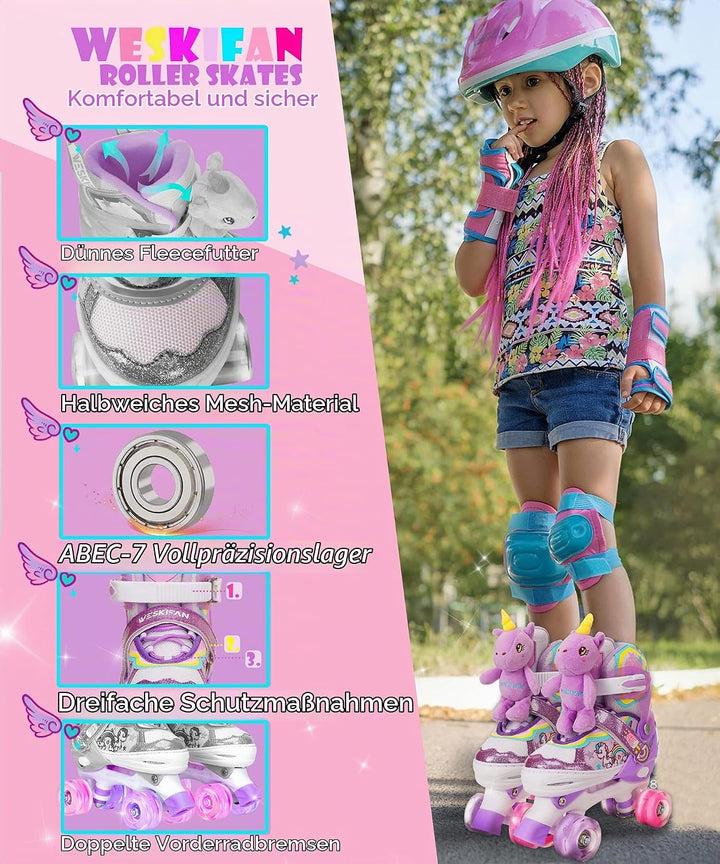 Kinder Einhorn-Puppe Rollschuhe für Mädchen 4 Grössen Verstellbar Mit Leuchtenden Rädern Quad Roller
