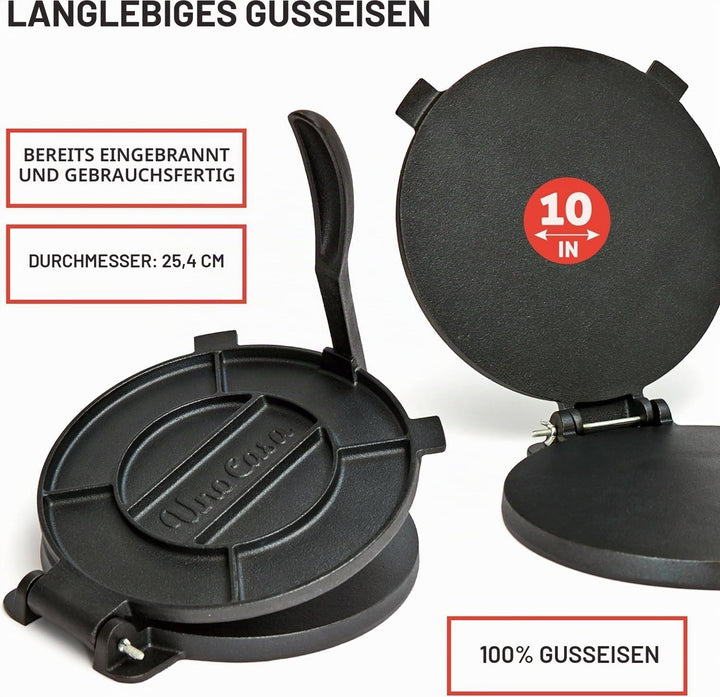 Uno Casa Tortilla Presse 25 cm aus Gusseisen – Taco Presse und Roti Maker - Plus 100 Blatt Backpapie