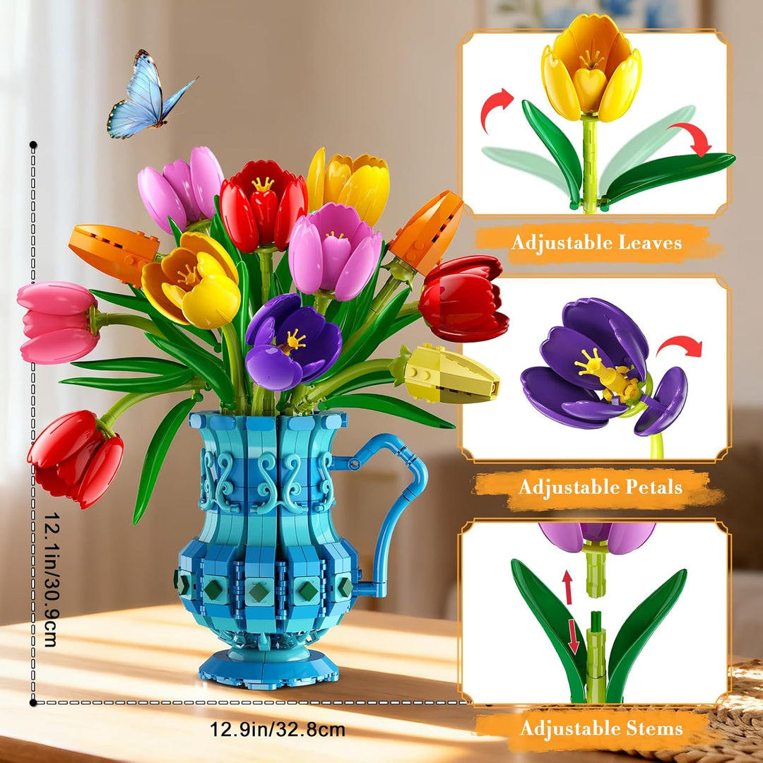 Blumenstrauss Bausatz mit Vase – Tulpen Blumen Bonsai Set für Erwachsene, Geschenk zum Valentinstag