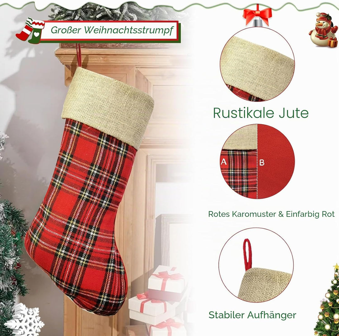 2 Stück Weihnachtsstrumpf, Plaid Nikolausstrumpf 48cm gross mit Jute Cuff zum befüllen, Dekoration f