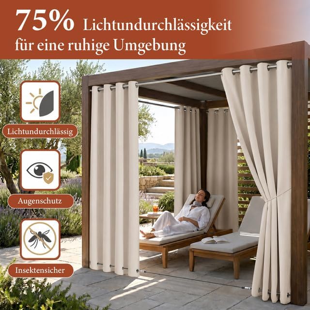 Rosnek Outdoor Vorhang Wetterfest Winddicht, Balkon Gardinen mit Ösen Oben & Unten, Blickdicht Wasse