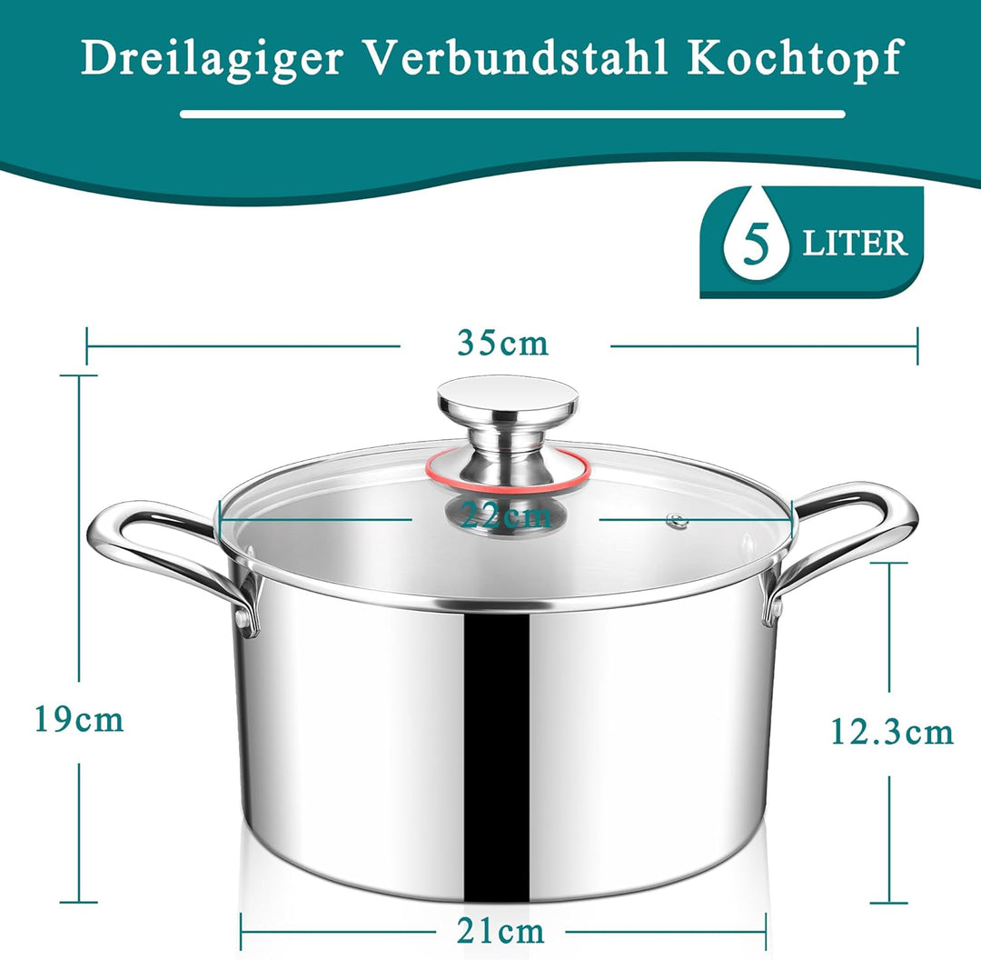 HaWare Kochtopf, 22cm Topf Induktion aus 3-Lagen Edeastahl, 4,8L Kochtöpfe Nudeltopf mit Glasdeckel