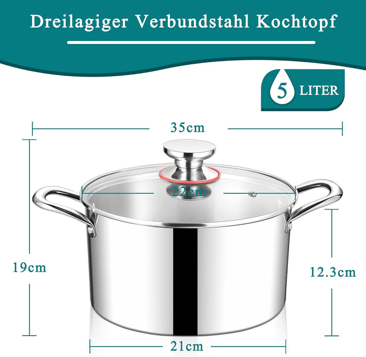 HaWare Kochtopf, 22cm Topf Induktion aus 3-Lagen Edeastahl, 4,8L Kochtöpfe Nudeltopf mit Glasdeckel