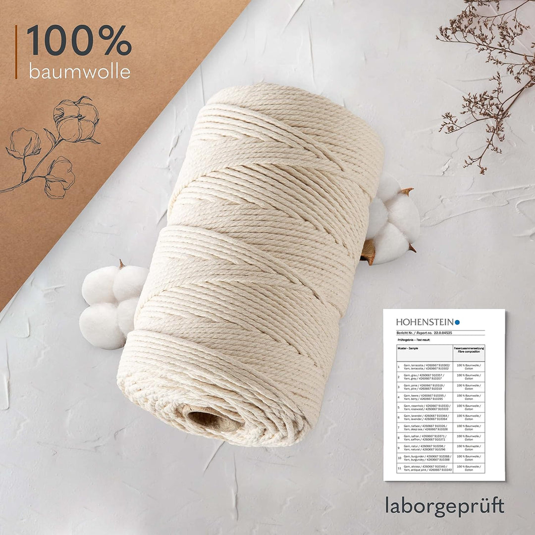 goldmariechen Premium Makramee Garn 3er Set (Naturell) 600 Meter | 3mm | 100% Baumwolle | plastikfre