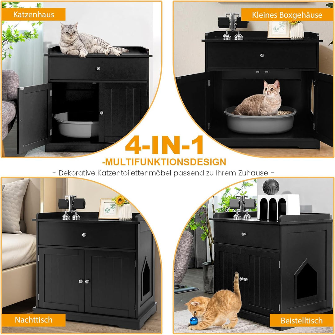 COSTWAY Katzenschrank mit Schublade & Tür & Eingang, 3-in-1 Katzenhaus Katzentoilette Beistelltisch,