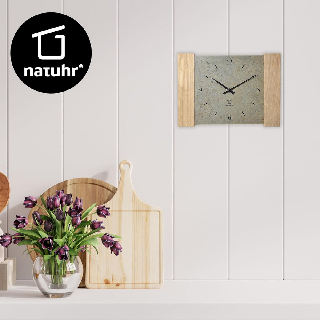 Natuhr Tischuhr Wanduhr Wildspitze Holz Eiche Heller Stein Schiefer Funkuhrwerk (Grau/Eiche unbehand