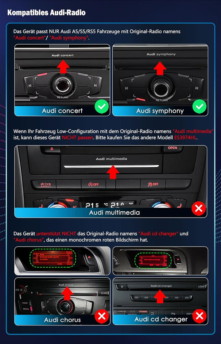 Erisin 8.8 Zoll 8-Kern 4GB RAM+64GB ROM Android 14 Autoradio GPS Navi für Audi A5/S5/RS5 (2009-2016)