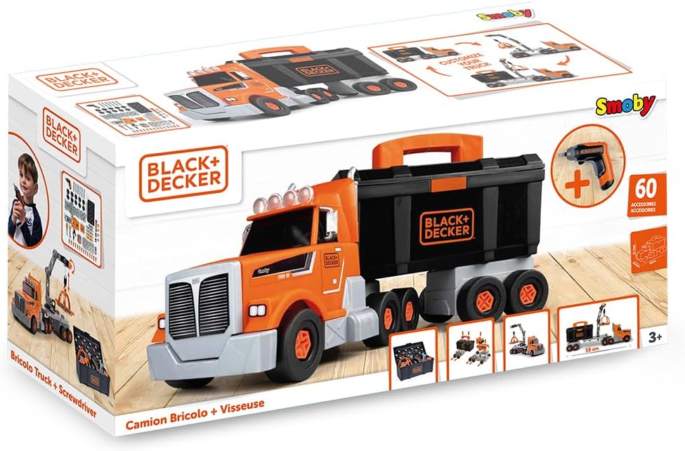 Smoby - Black+Decker Truck mit Werkzeugbox – Konstruktionsfahrzeug mit 60 Zubehörteilen – Werkzeug,