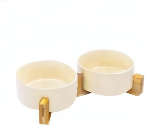 SPUNKYJUNKY Keramik Doppel Futternapf mit Bambus Ständer für Katzen und Hunde (850ml, Beige) Beige D