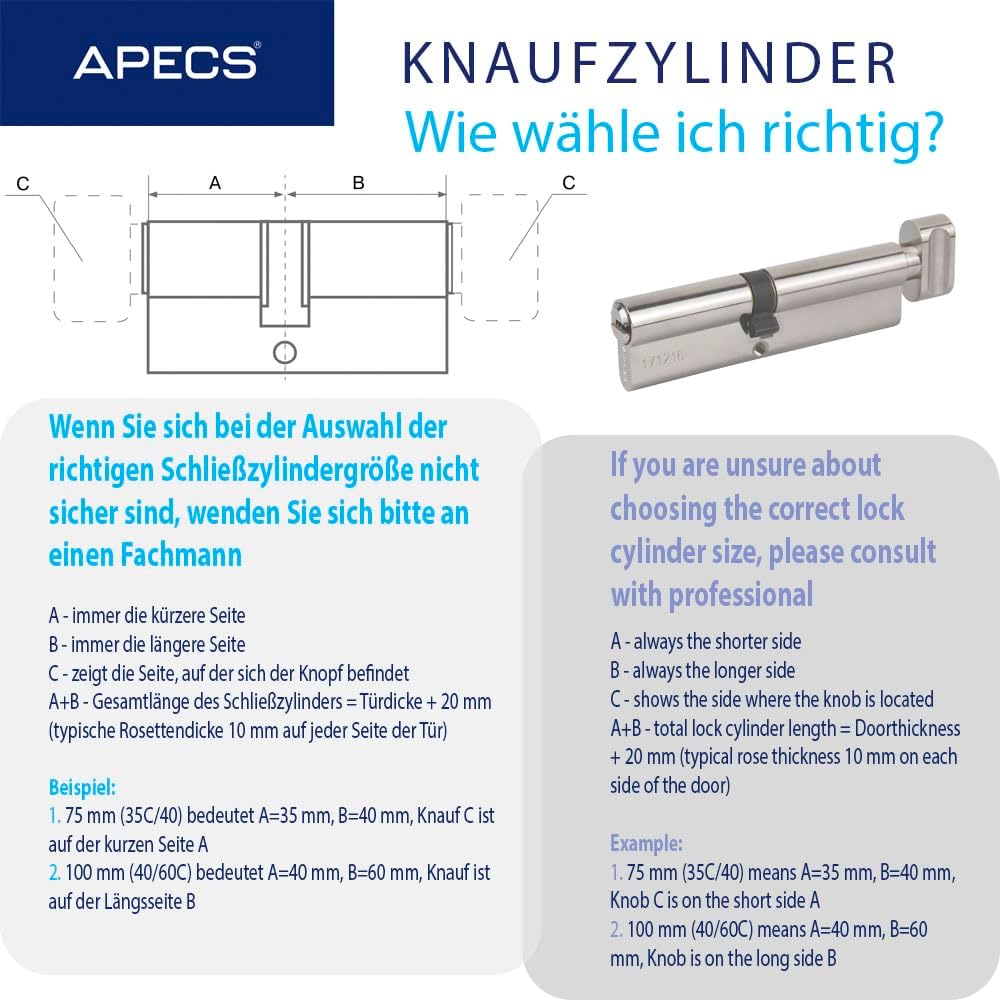Knaufzylinder APECS Schliesszylinder mit Knauf Zylinderschloss 60 (30C/30) mm fur Türschloss Haustür