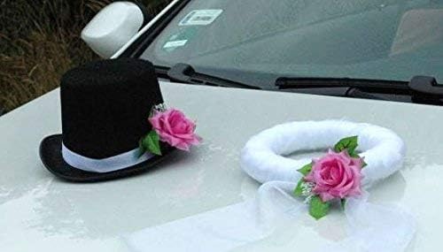 Schleier UND Hut Autoschmuck Rose Car Dekoration Hochzeit Wedding ®Auto-schmuck (Rosa), Rosa