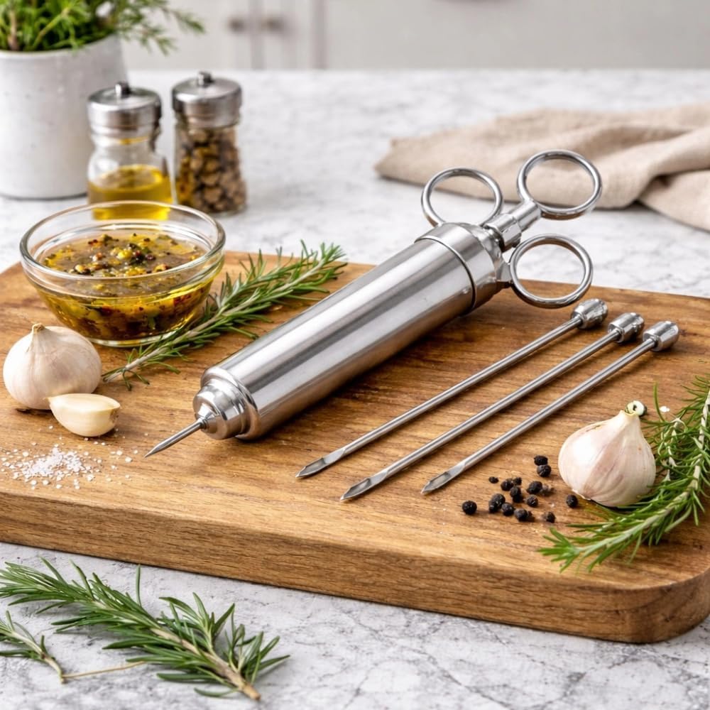 Marinadenspritze Edelstahl 60 ml mit 3 Nadeln, Fleischspritze BBQ, Marinaden Injektor für Grillen, R