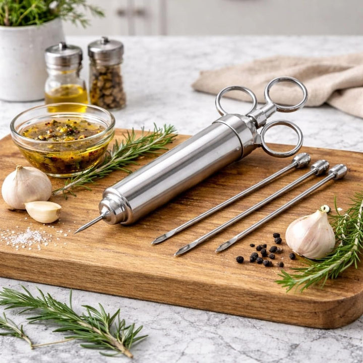 Marinadenspritze Edelstahl 60 ml mit 3 Nadeln, Fleischspritze BBQ, Marinaden Injektor für Grillen, R