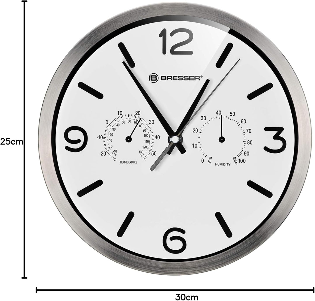 Bresser Funkuhr Wanduhr MyTime ND Thermo-Hygro mit geräuschlosem Funkuhrwerk, Edelstahlrahmen und An