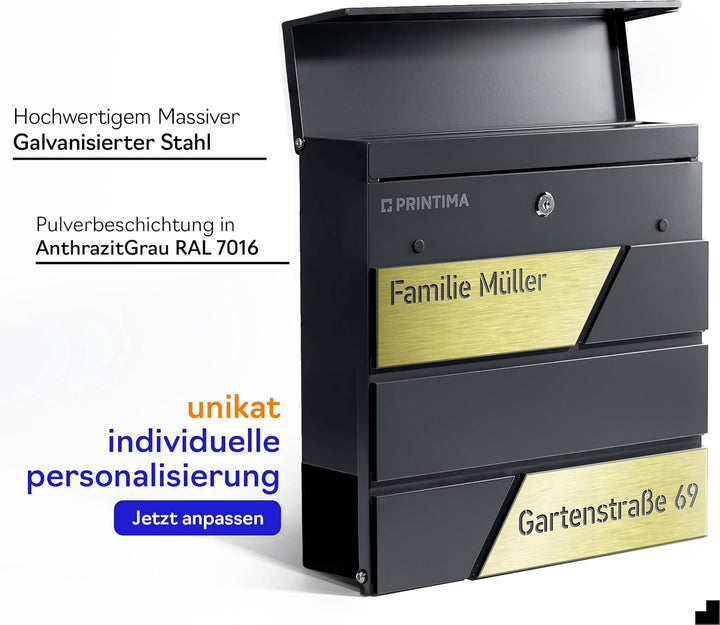 Design Anthrazit Briefkasten mit Hausnummer & Ihre Namen Gravur Personalisiert, Wandbriefkasten mit
