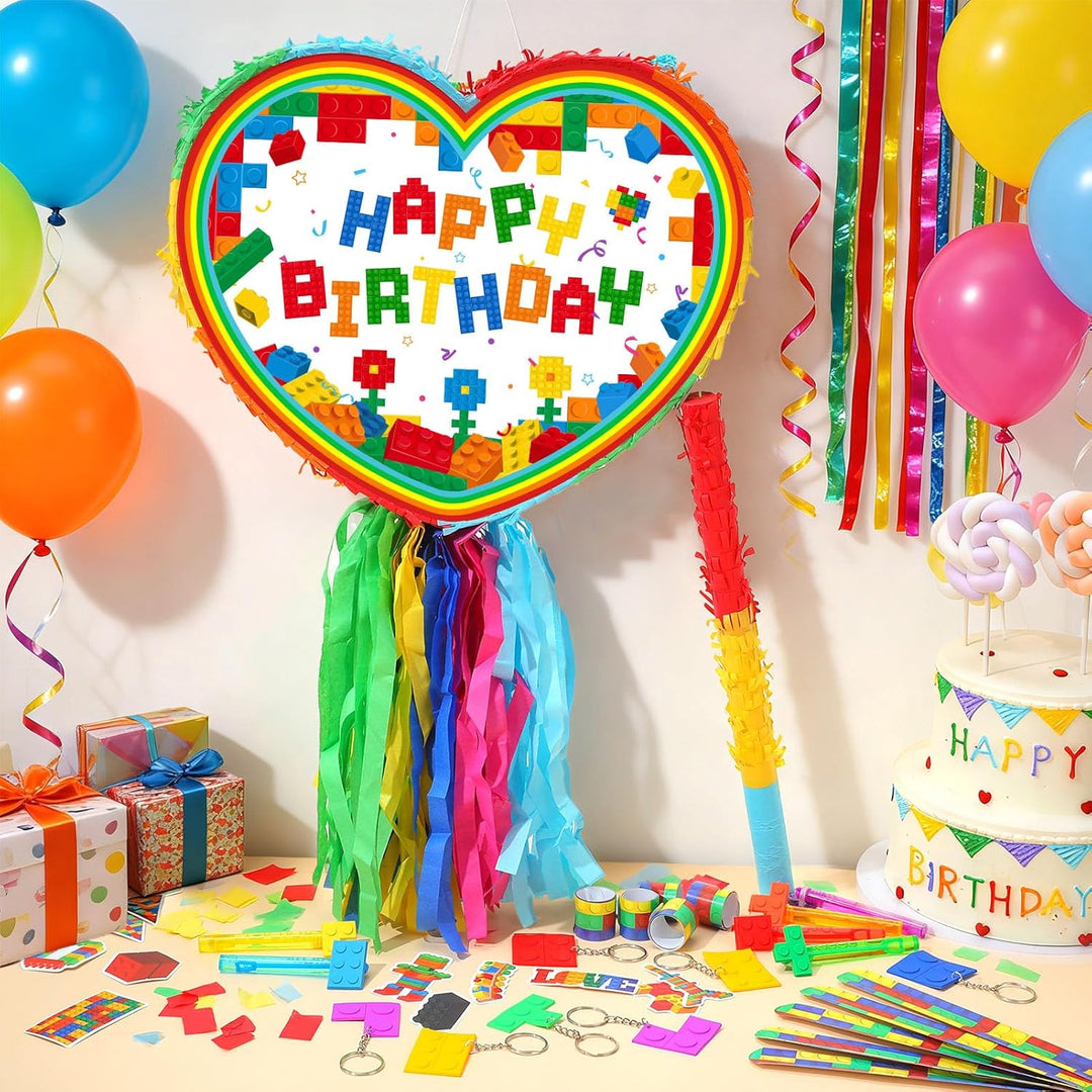 Pinata Geburtstag Happy Birthday Baustein Pinjatta mit Augenbinde und Stock zum Aufhängen Befüllen F