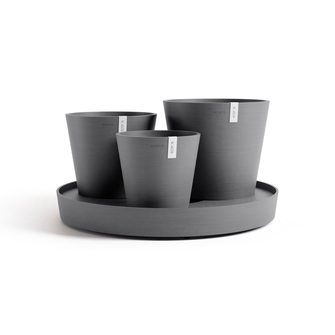 ECOPOTS Blumentopf Set Dubai - grau - 3 Blumentöpfe + rollbarer Untersetzer ø 56 cm - Pflanzentopf a