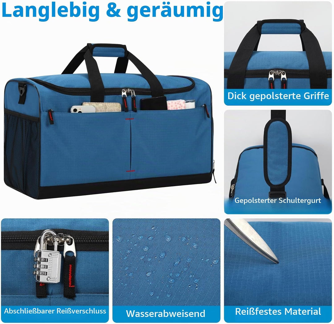 55L Sporttasche &amp; Reisetasche für Herren Gross - mit Schuhfach &amp; Nassfach - Trainingstasche, Tasche