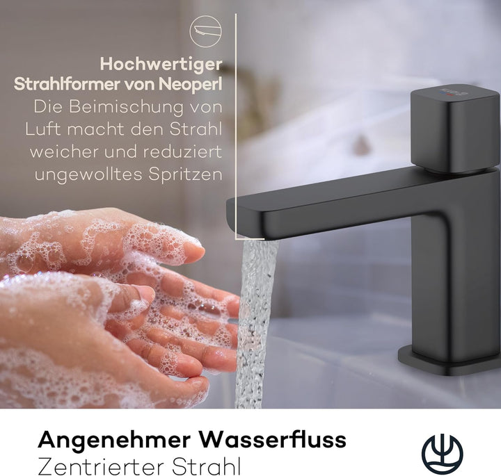 KLUDI-X3 Waschtischarmatur Kaltwasser, Auslaufhöhe 80 mm, wassersparender Wasserhahn Bad Schwarz Mat