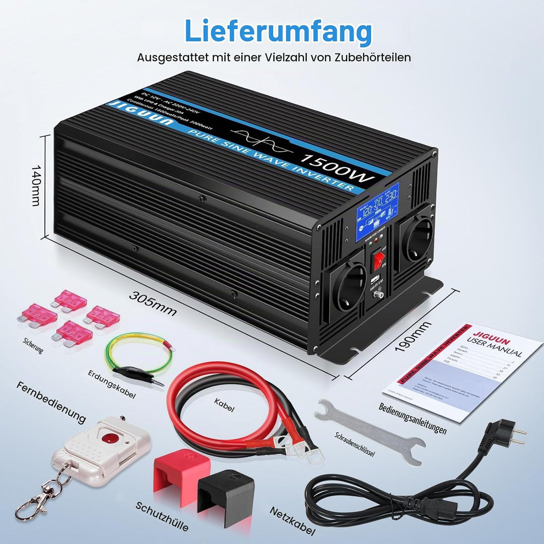 JIGUUN 1500W 3000W Wechselrichter Reiner Sinus Spannungswandler 12V 230V Mit 30A-Ladegerät und Netzv