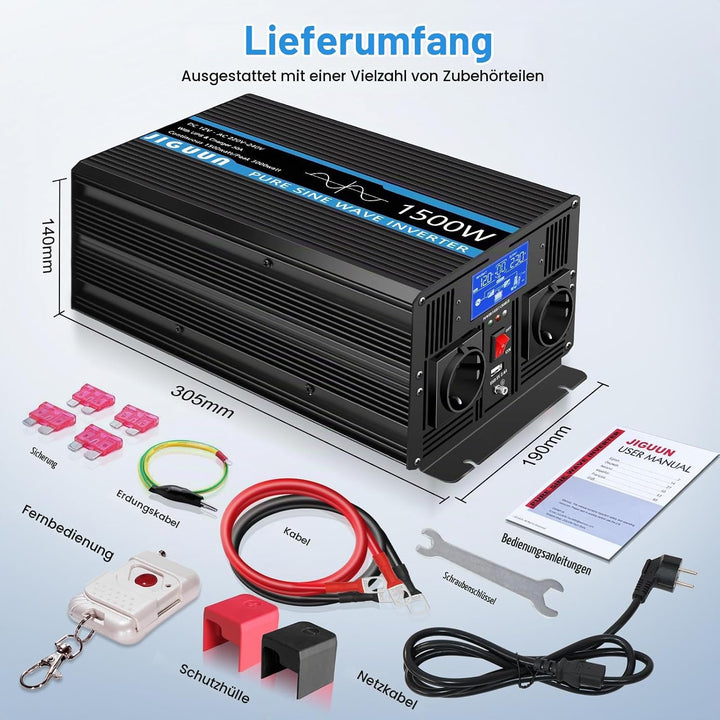 JIGUUN 1500W 3000W Wechselrichter Reiner Sinus Spannungswandler 12V 230V Mit 30A-Ladegerät und Netzv