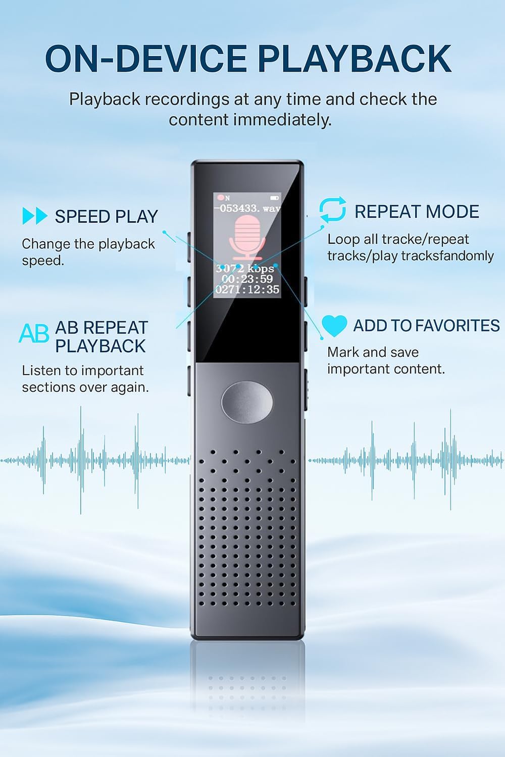 Digital Voice Recorder, Diktiergerät Aufnahmegerä mit Playback - 3072Kpbs One-Touch Audioaufnahmeger