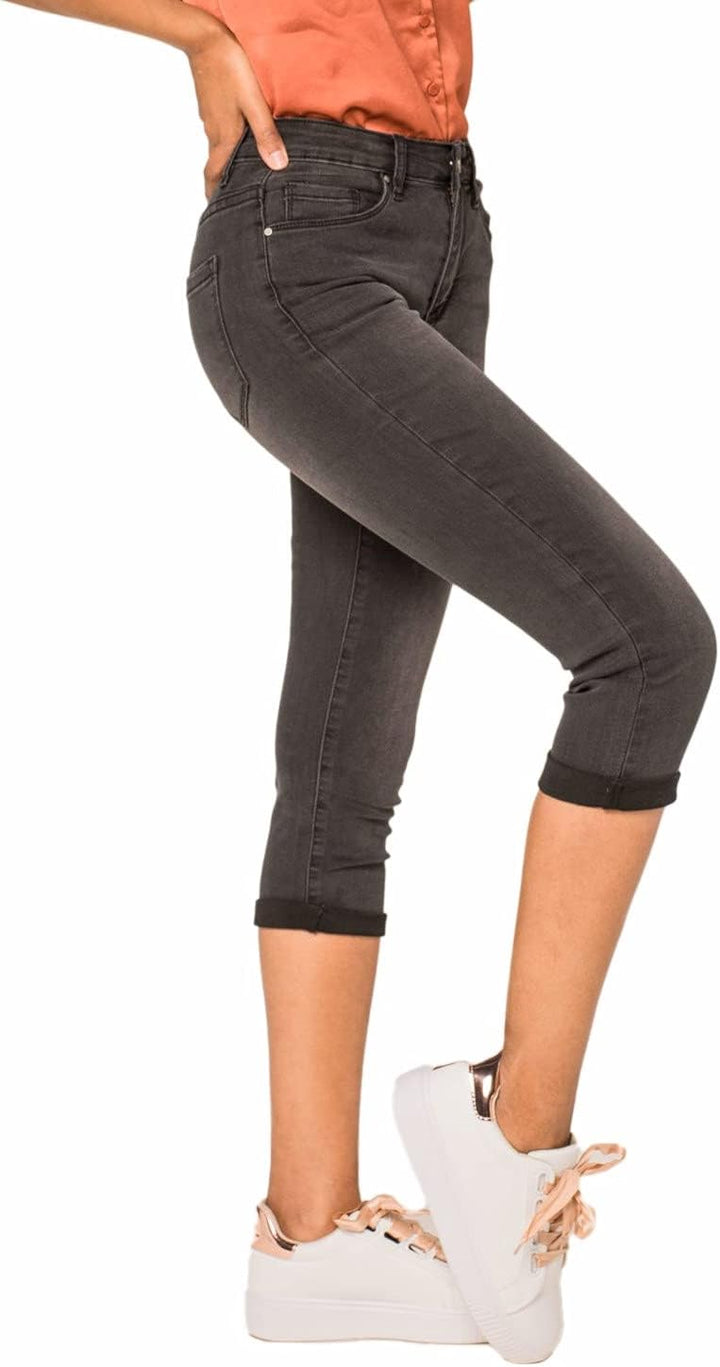 Nina Carter P132 Damen Capri Skinny Fit Jeanshosen HIGH Waist Jeans Used-Look Waschungseffekt L Slim