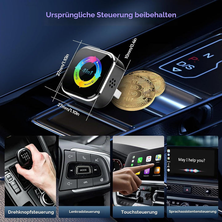 2026 4-in-1 Wireless CarPlay Adapter – Kabelgebunden zu Kabellos für CarPlay &amp; Android Auto, 2.4+5.0