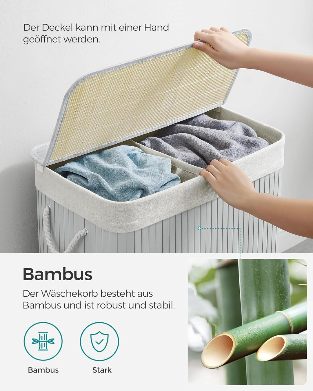 SONGMICS Wäschekorb 2 Fächer, 100 L Wäschesammler mit Deckel, Wäschebox Bambus, mit Griffen, faltbar