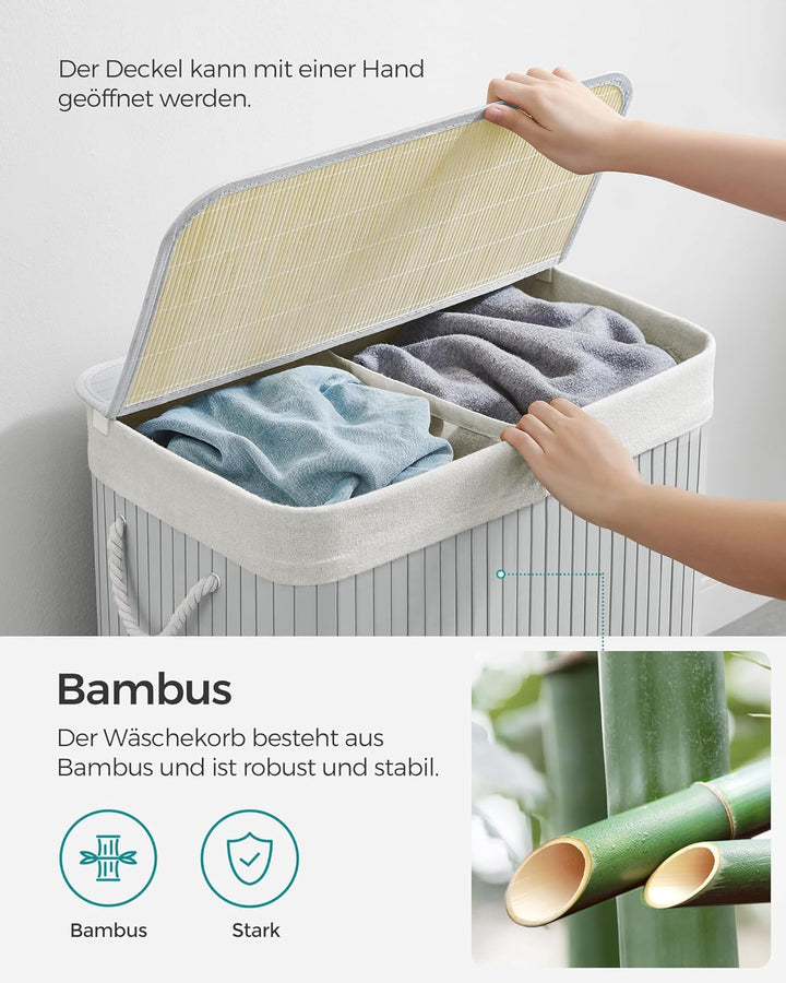 SONGMICS Wäschekorb 2 Fächer, 100 L Wäschesammler mit Deckel, Wäschebox Bambus, mit Griffen, faltbar