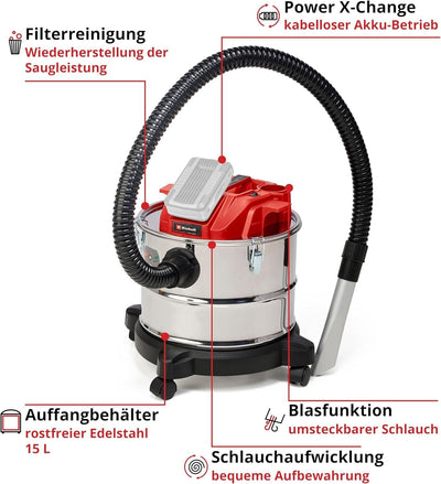 Einhell Akku-Aschesauger TE-AV 18/15 Li C-Solo Power X-Change (Li-Ion, 18V, 100 mbar Saugleistung, 1