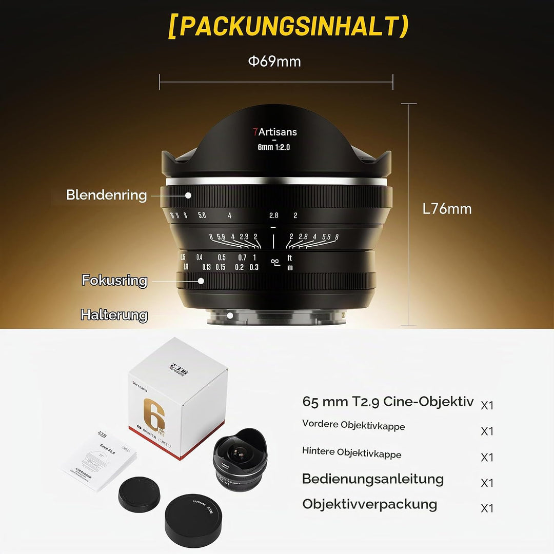 7artisans 6mm F2.0 für E-Mount APS-C-Fischaugen-Ultraweitwinkel-Kameraobjektiv,manueller Fokus,220°-
